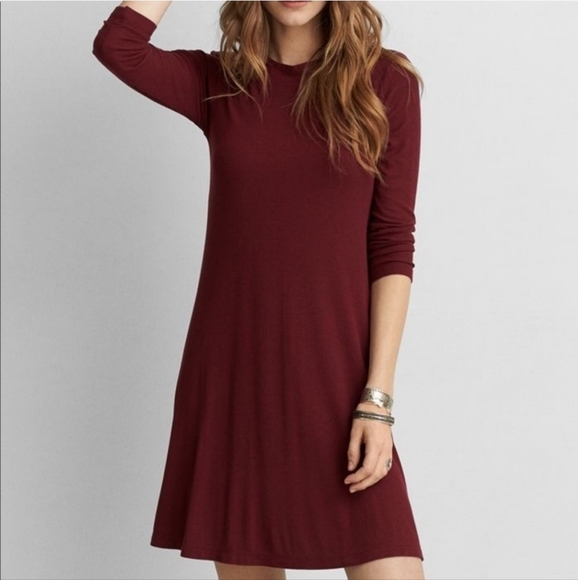 ๐5/$25 AEO Burgundy Long Sleeve Thermal Mini Shirt Dress Size Small - Picture 7 of 7